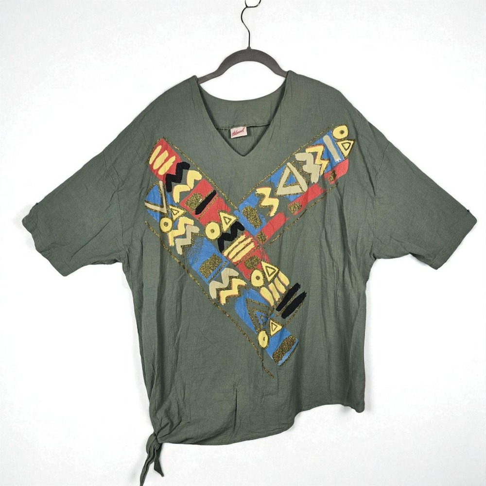 Vintage Haband! Top Woman Green Tie Bottom Abstract Hi Lo V Neck Short Sleeve